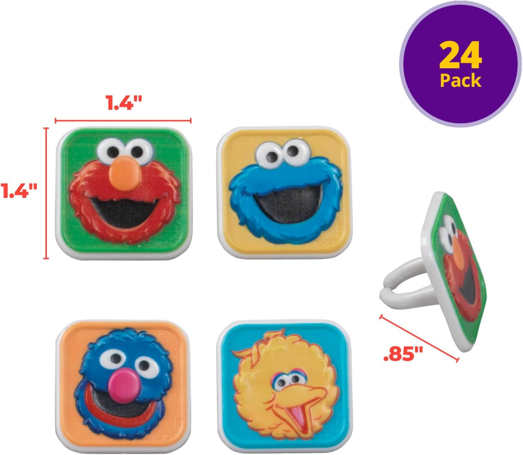 Sesame Street Rings, 24 Cupcake Toppers Featuring Elmo, Big Bird, Cookie Monster, Grover, Bright Colorful Cupcake Decorations, Food Safe - 24 Pack