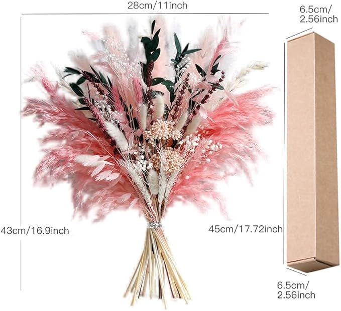 Pink Pampas Grass Dried Flowers Bouquet for Home Decor, Wedding Decor, Boho Style Floral Arrangement Without Flower Vase