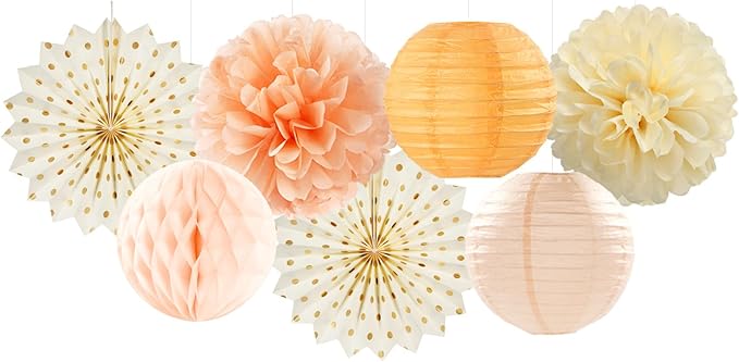 Beige-Orange Peach Fall Party-Decorations Paper-Lanterns- 14pcs Autumn Thanksgiving Harvest Birthday Boho Streamers Fan,Tissue Pom Poms, Baby Bridal Shower Wedding Engagement Decor Lasting Surprise