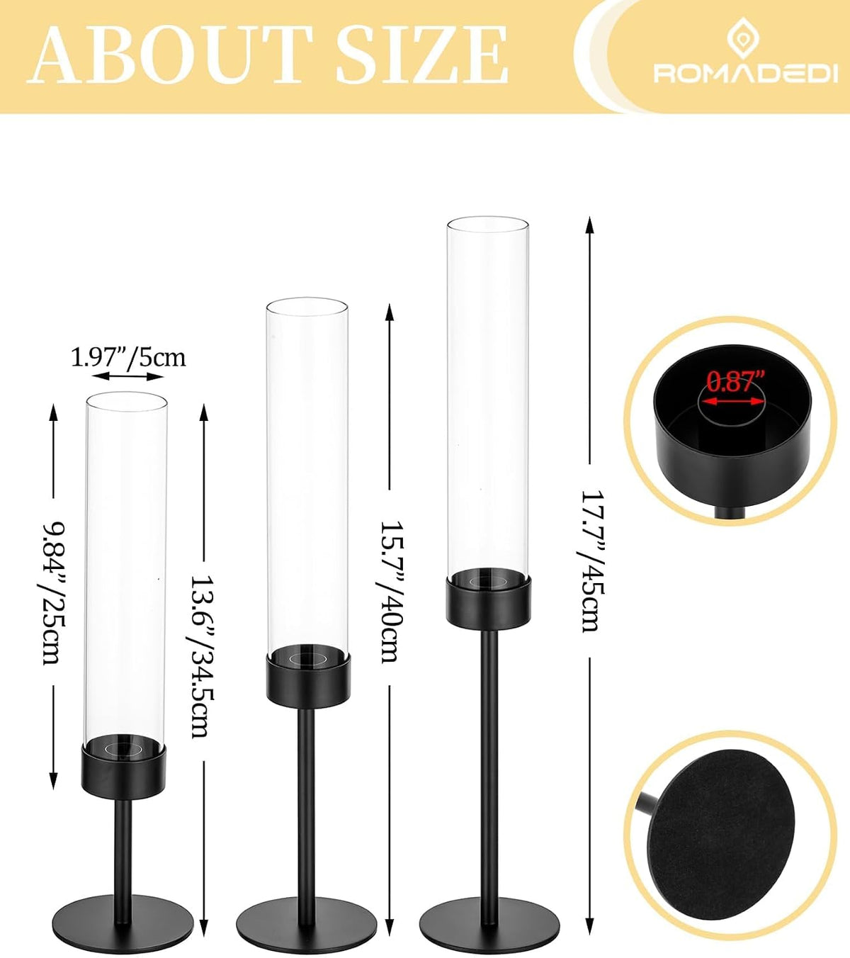 Romadedi Black Metal Hurricane Taper Candle Holders, Set of 3