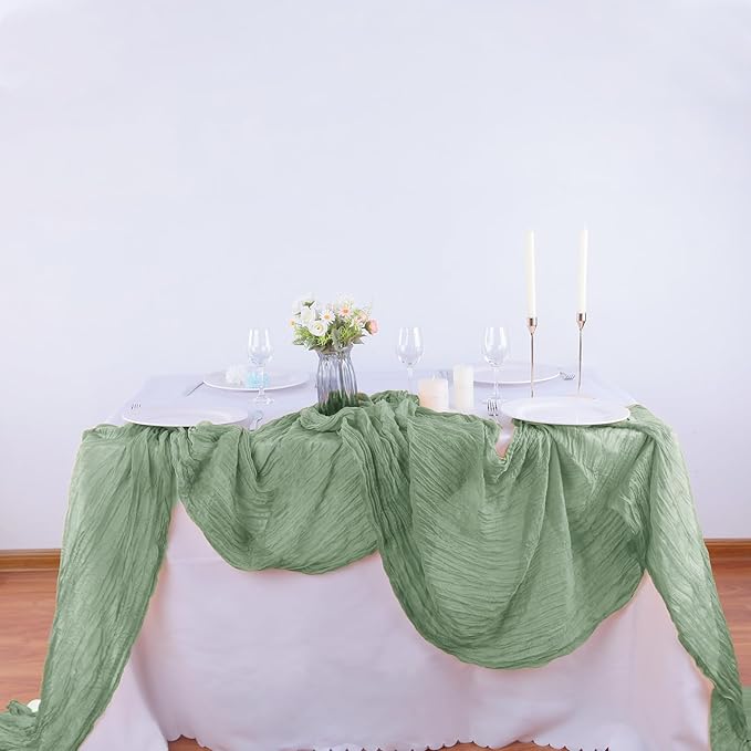 4 Pack Sage Green Cheesecloth Table Runner 35x120 Inch Boho Gauze Fabric Cheese Cloth Table Runner 10Ft Rustic Romantic Sheer Table Runners for Wedding Party Bridal Baby Shower Long Table Decoration