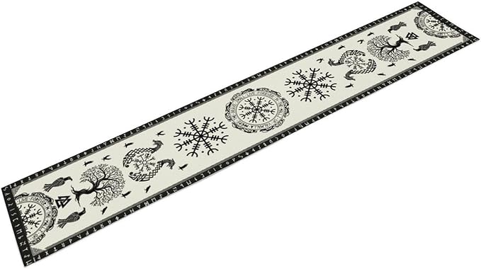 Ancient Abstract Pattern Table Runner, Tree of Life Eagle Dragon Boat Rudder Black and White Table Runner 13x108 Inch