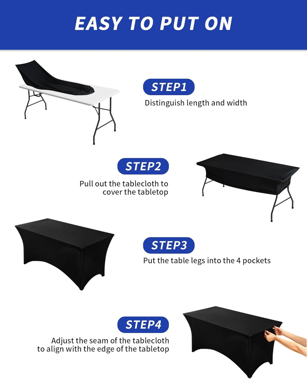 Fixwal Black Table Cloth 2 Pack 6FT for Rectangular Table Spandex Fitted Table Covers Washable Stretch for Soccer Party, Trade Show, Banquet, Wedding, Buffet