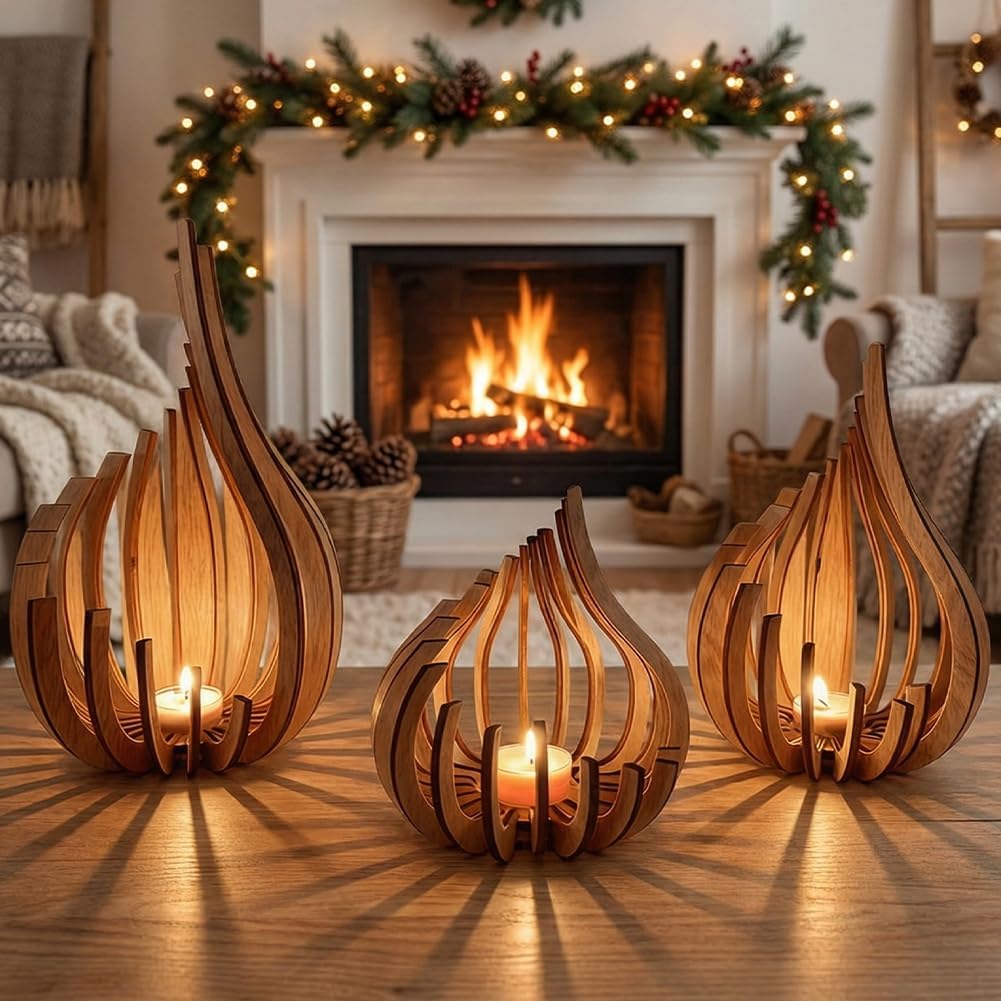 3pcs Creative Wooden Candle Holder Set - Modern and Minimalist Design,Suitable for Decorating Living Room Mantels, Wedding Parties(Large+Medium+Small)