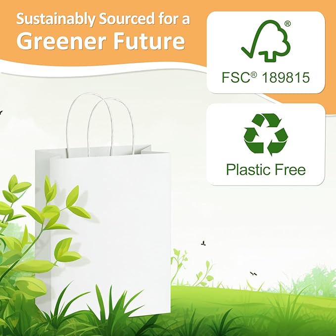 BagDream 50Pcs Gift Bags 8x4.25x10.5 Kraft Paper Gift Bags with Handles Bulk for Shopping, Wedding, Party Favor, Merchandise, Retail, White Paper Grocery Sacks