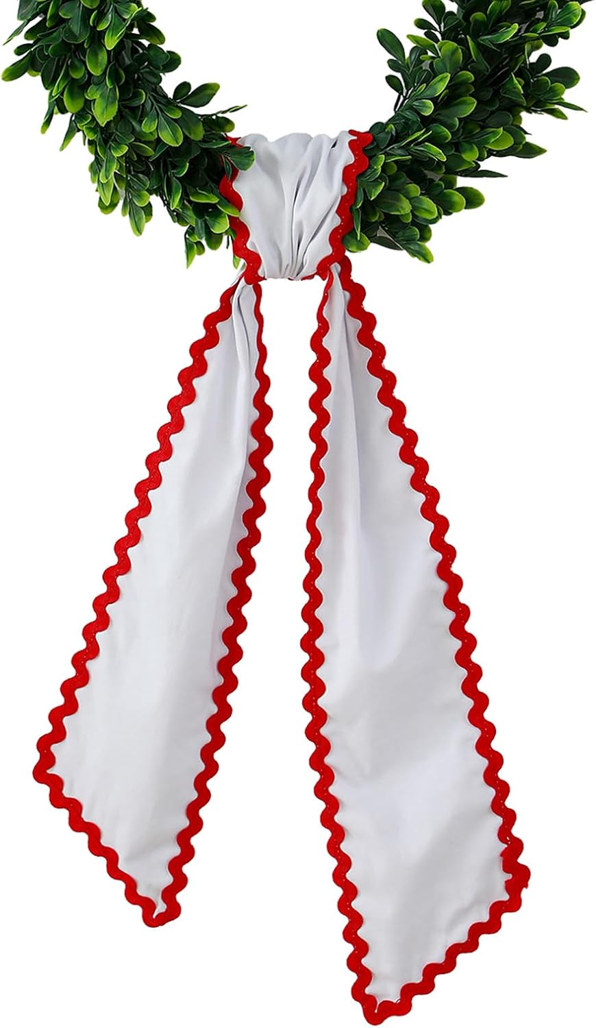 DYSHAYEN Wreath Sash for Front Door,Canvas RIC Rac Trim Wreath Accessories for Yard Doorway Indoor Outdoor Bridal Shower Xmas Home (White-Red Trim)