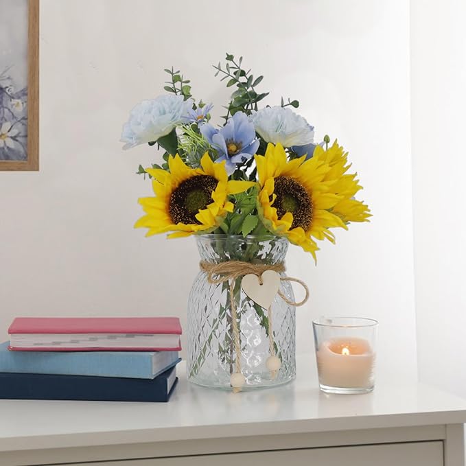Leftover Faux Flowers in vase,Table centerpieces for Dining Room,Blue-Yellow Sunflower Flower centerpieces for Tables
