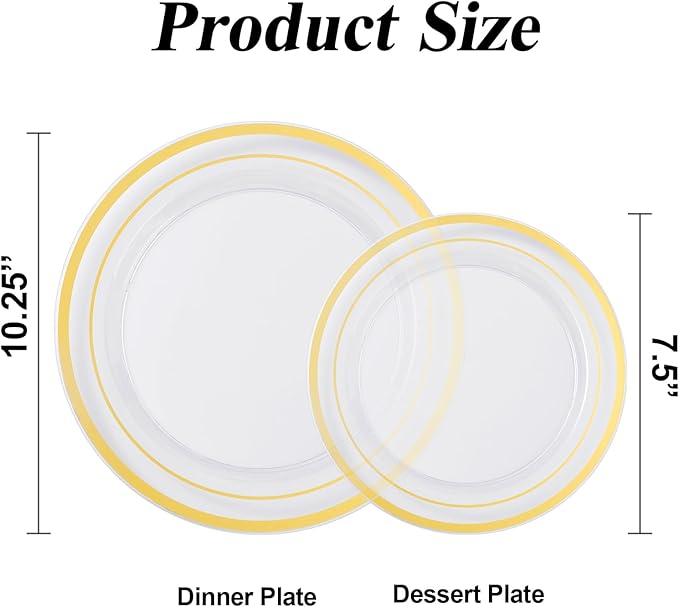 200PCS Clear Gold Plastic Plates Set, 100 10.25 inch Dinner Plates and 100 7.5 inch Dessert Plates, Disposable Plates for Party, Wedding