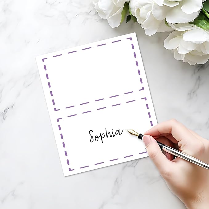 25 Pack Purple Lines Place Cards, Editable Name Cards for Table Setting, Tent Cards Food Label for Dinner Party, Bridal Shower, Wedding, Baby Shower and Events -T19