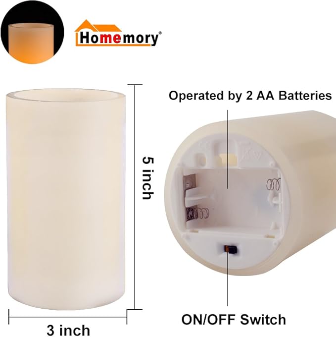 Homemory 5"x3" Wax Flameless Candles, Battery Operated LED Pillar Candles with Remote Control & Timer, Amber Yellow Flickering Light for Party, Wedding, Festival, Ivory, Indoor Only, Set of 2