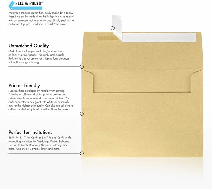LUXPaper A7 Invitation Envelopes | Peel & Press | 5 1/4" x 7 1/4" | Blonde Metallic | 80lb. Text | 1,000 Qty
