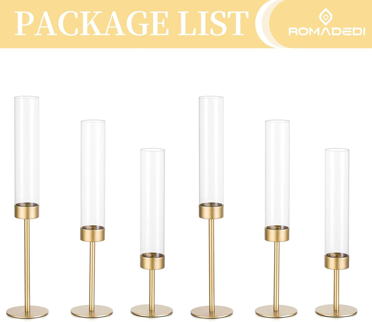 Romadedi Glass Hurricane Candle Holders for Candlestick, Gold, Set of 6