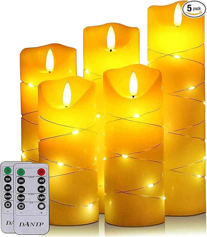 danip flameless Candle, with Embedded String Lights, 5-Piece LED Candles, with 10-Key Remote Control, 24-Hour Timer Function, Dancing Flame, Real Wax, Battery-Powered. (Ivory White)
