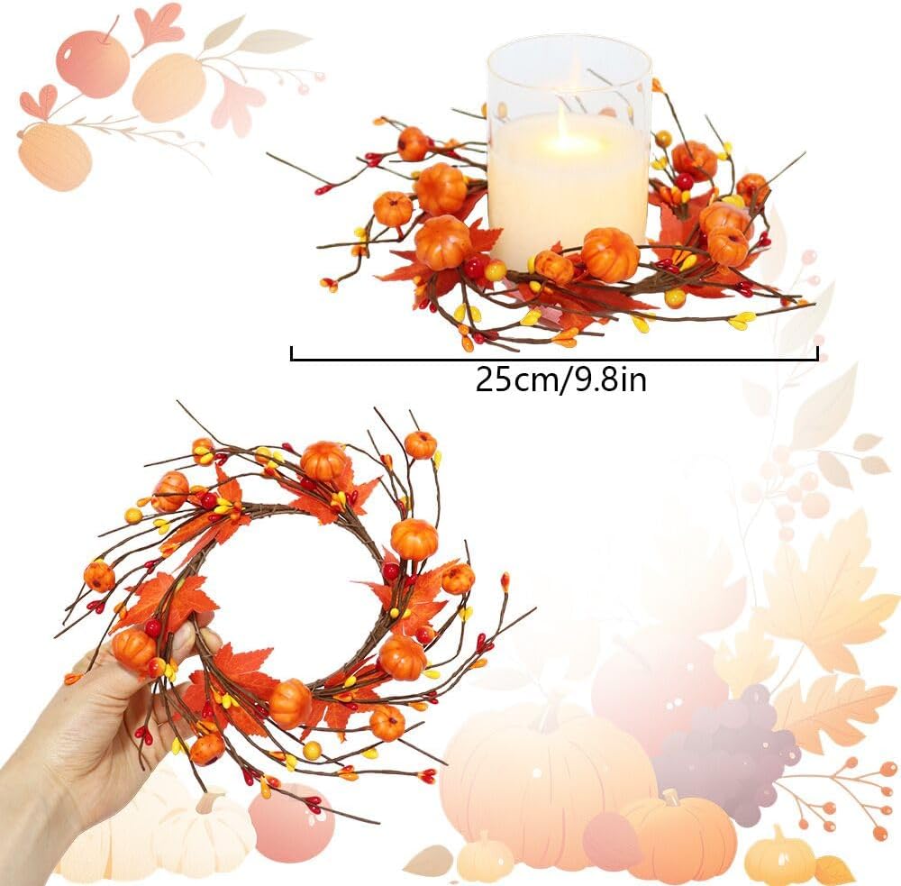 2 Pieces Pumpkins Maple Leaves Candle Rings Wreaths with Pip Berry Fall Candle Rings Thanksgiving Day Ring Holder Mini Autumn Artificial for Wedding,Door Tabletop Decoration (Orange)