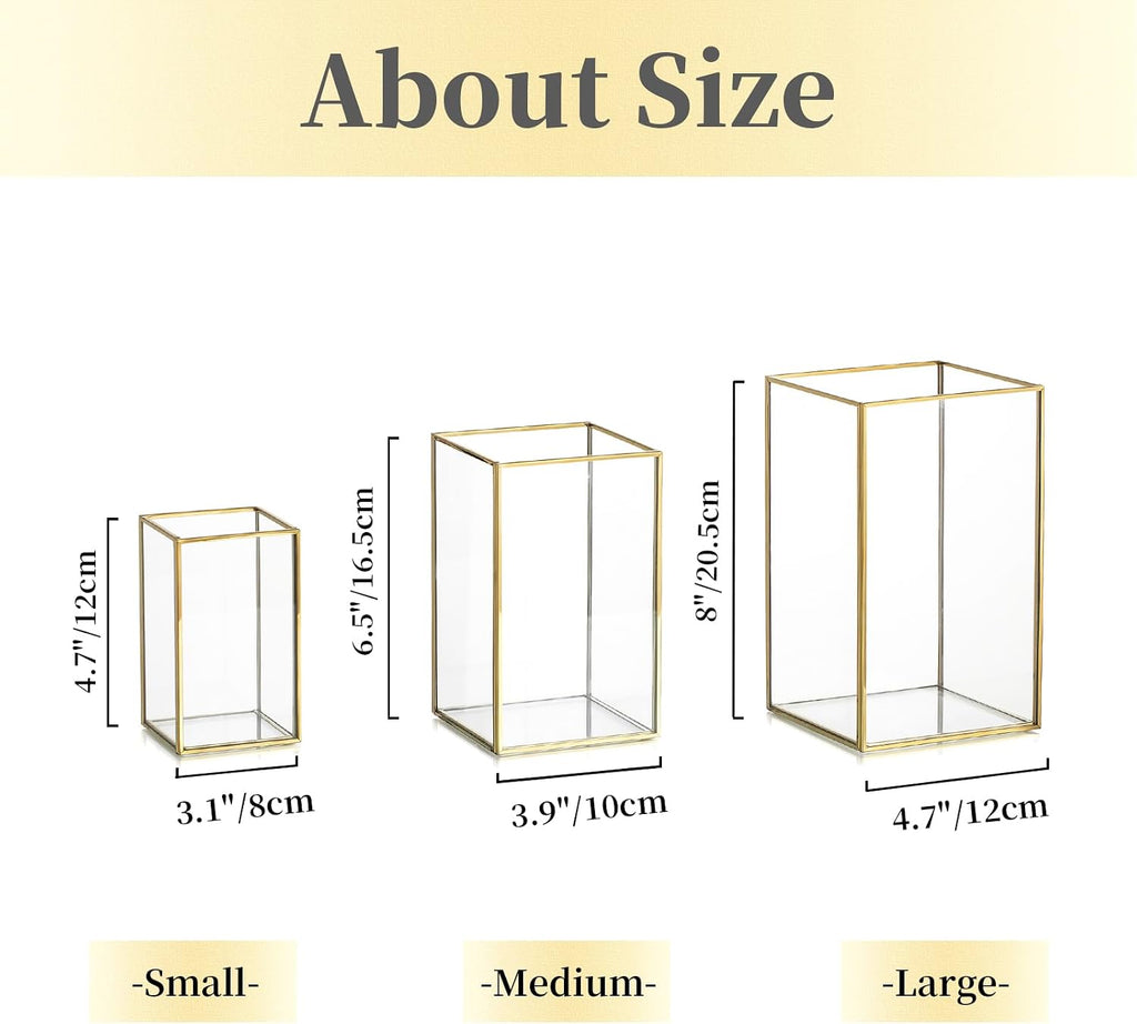 Hewory Glass Hurricane Candle Holder: Gold Hurricane Candle Holders with Metal Frame Square Set of 3, Clear Candle Holder for Table Centerpiece Wedding Christmas Engagement Birthday Party Decorations