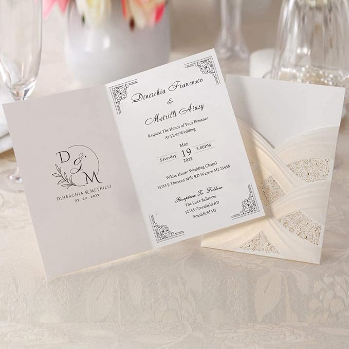 Hosmsua 50PCS Customized Ivory Wedding Invitations Kit 5.12x7.2 Inch Laser Cut Gold Foil Hollow Flora Lace Sleeve Pocket Wedding Quinceanera Invitation with Envelopes