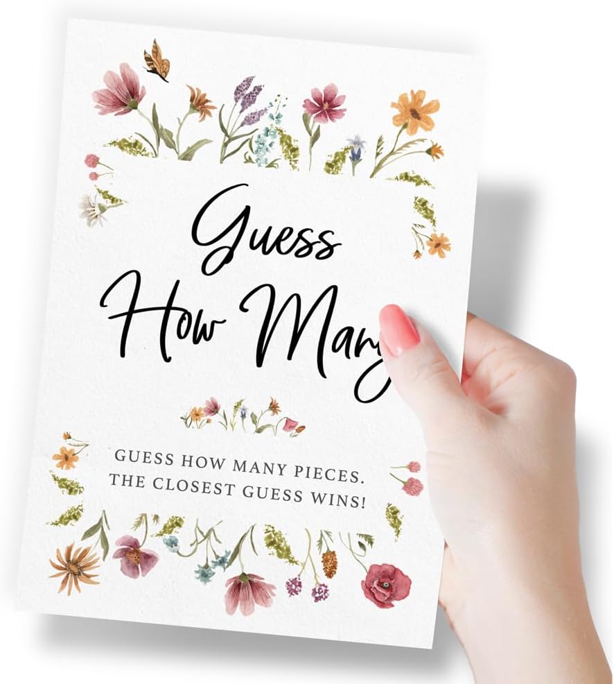 Guess How Many Shower Game, 50 Cards + Sign, Wildflower in Bloom | Baby Shower Games for Girl, Bridal Shower Activity, Candy Jar Kisses, Floral Garden Party Decor, Made in USA by Printed Party