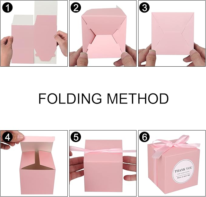 COTOPHER Small Gift Boxes 60 Pack 4x4x4 inches Pink Gift Boxes with Lids for Gifts, Crafting, Wedding Party Favor, Cupcake Boxes, Candy, Bridesmaids Proposal Box with Ribbons and Stickers (Pink, 60