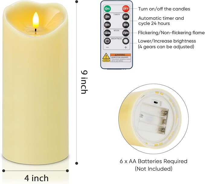 Amagic 4” x 9” Large Outdoor Waterproof Flameless Candles with Remote, Battery Operated Candles with Timer, Flickering Fake LED Pillar Candle for Patio Garden Wedding Decor, Dark Ivory, Set of 2