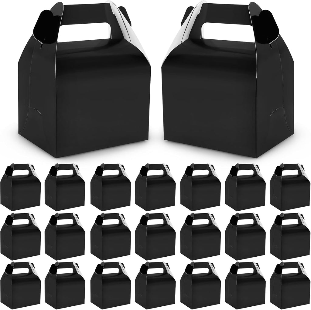 Hooqict 24 Pack Black Party Favor Treat Boxes Paper Gable Gift Boxes with Handles for Party Favors Snack Goodie Candy Cookie Desserts, 6.7x5.1x3.5 Inch