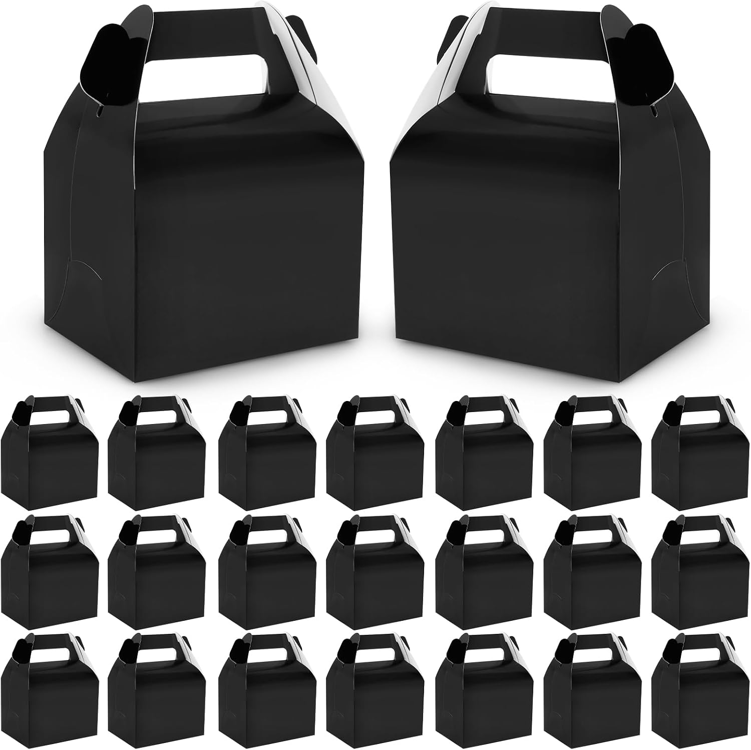 Hooqict 24 Pack Black Party Favor Treat Boxes Paper Gable Gift Boxes with Handles for Party Favors Snack Goodie Candy Cookie Desserts, 6.7x5.1x3.5 Inch