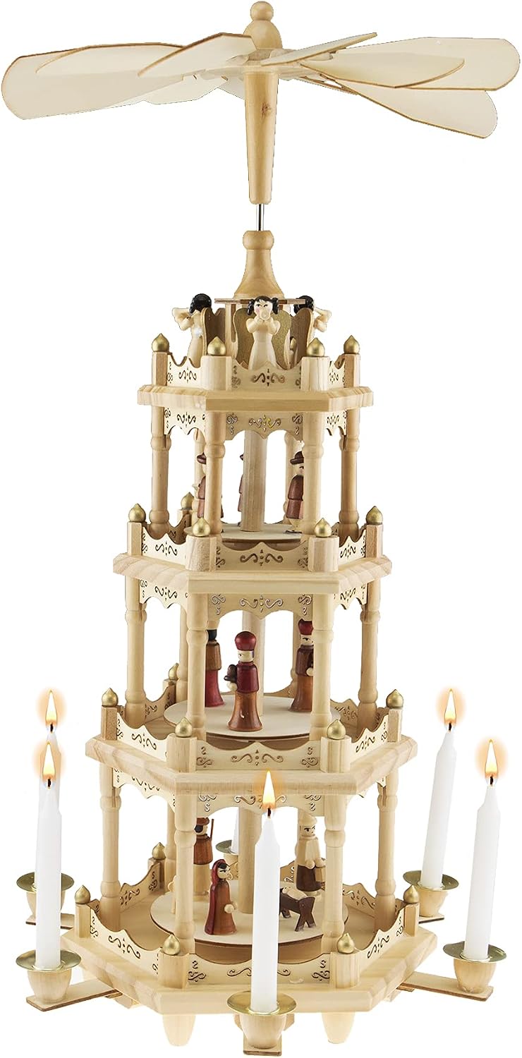 Clever Creations Beige Four Tier Carousel 22 Inch Traditional Wooden Christmas Pyramid Decoration, Festive Christmas Décor for Shelves and Tables
