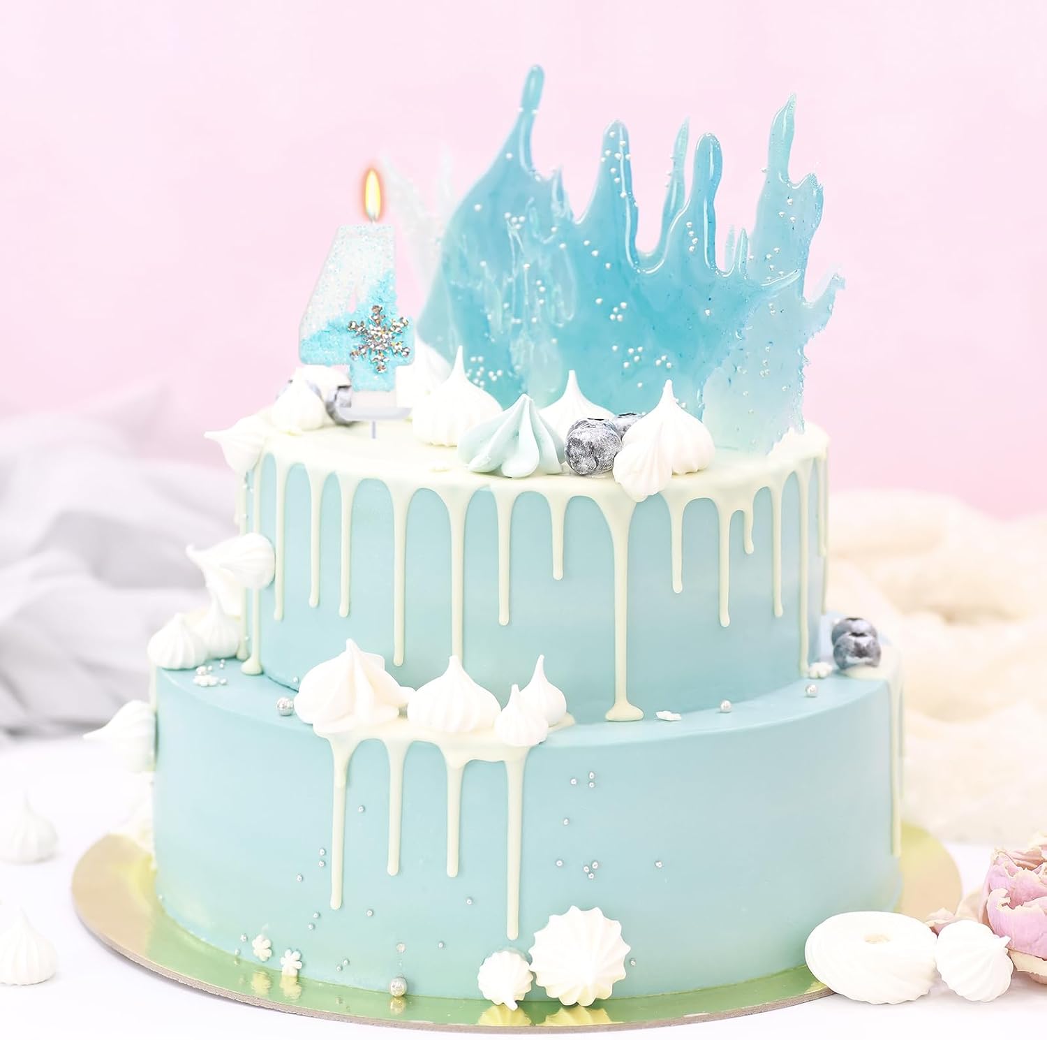 Sky Blue Frozen Themed Birthday Candles, Snowflake Number Candles for Kids Adults Birthday Party Supplies, 2.76 inch Number 4 Candle Cake Topper Decorations (Number 4)