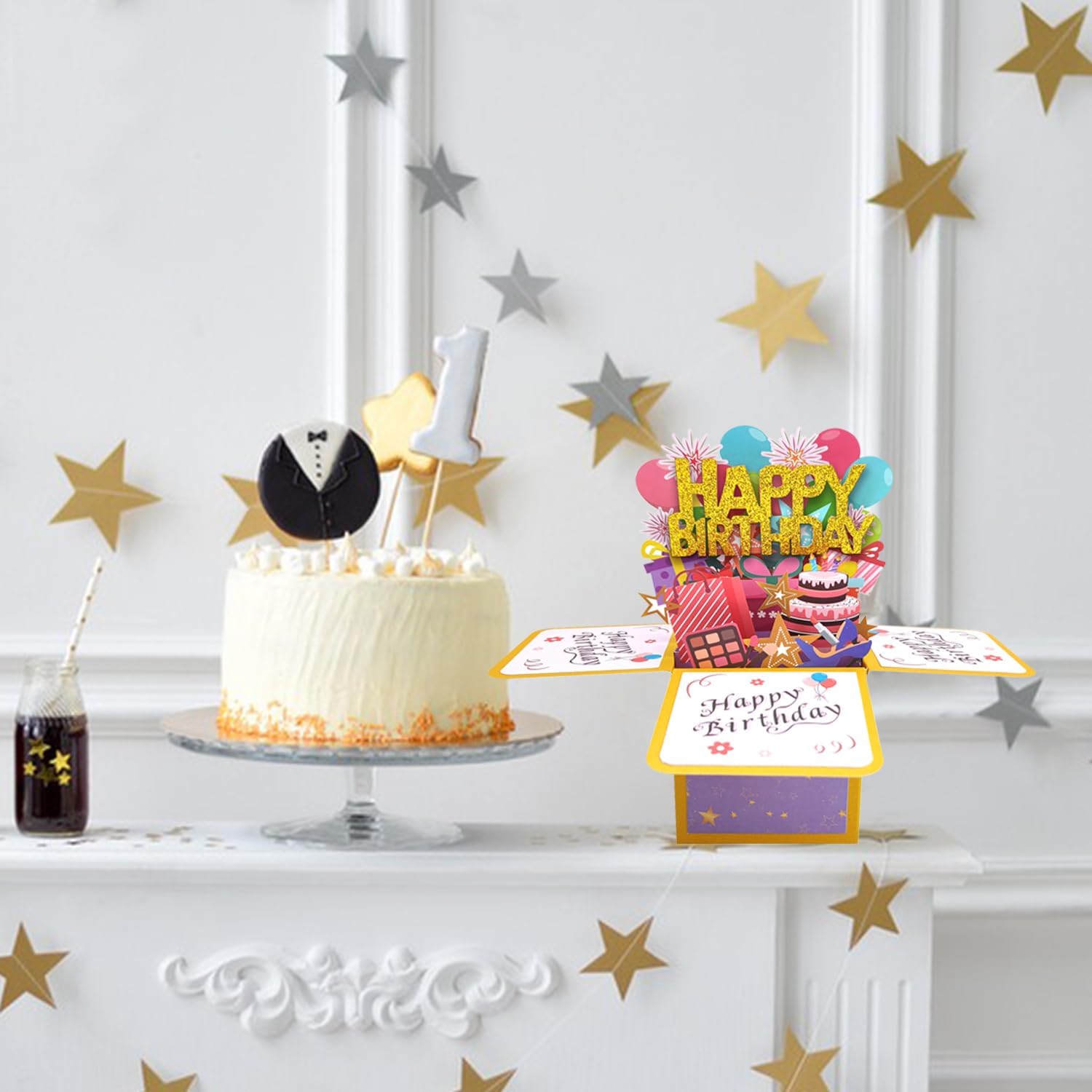 ROBBEAR Happy Birthday Pop Up Card with Birthday Age Design, DIY Card Highlight Birthday Milestone, 3D Birthday Gift Box for Adults and Kids with Envelopes, A Unique Card for Daughter, Son, Mom, Dad, Friend