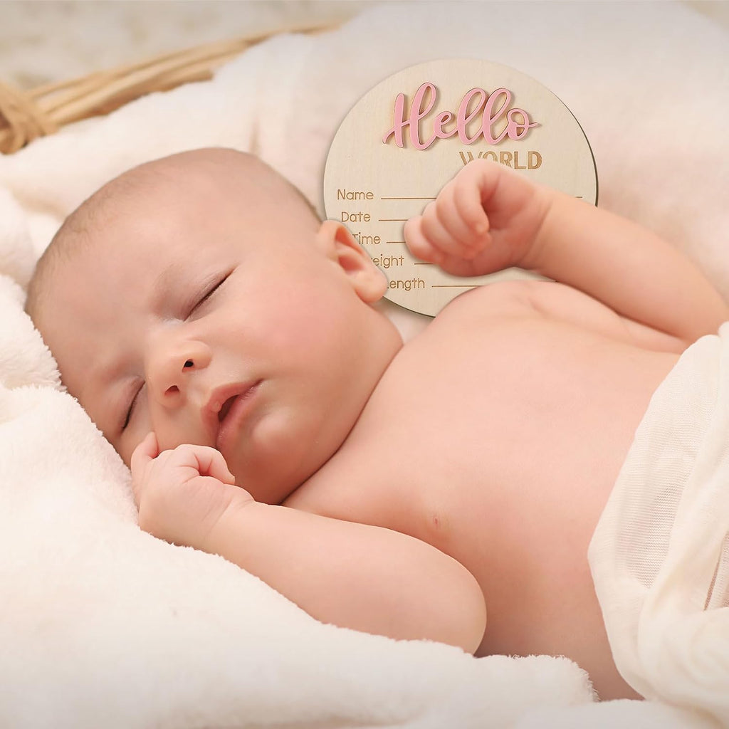 Baby Announcement Sign, 5.9in Wooden Hello World Newborn Signs Birth Announcement Sign Welcome Name Plaques for Newborn Boys and Girls Photo Props Baby Shower Hospital Nursery (Light Pink)