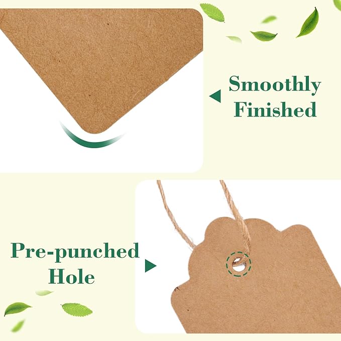 SallyFashion 200pcs Gift Tags with String Attached, 1.7 x 2.8 inch Kraft Paper Hang Handmade Tags for Clothes Birthday Wedding Holiday DIY Crafts (Brown Water Ripple