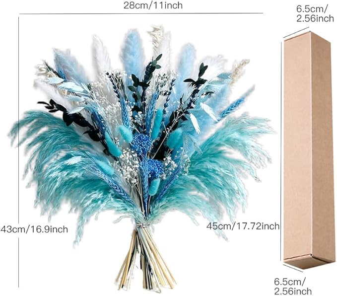 Blue Dried Flowers Bouquet with Pampas Grass - Boho Home Decor and DIY Floral Arrangements for Bedroom, Office, and Wedding Centerpieces