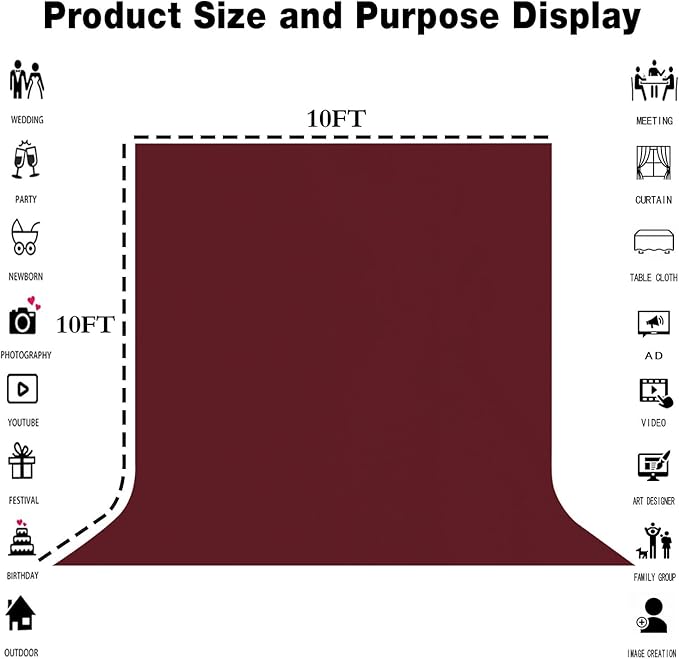 10x10FT Wine Red Screen Backdrop for Photography Burgundy Red Backdrop for Photoshoot Studio Screen Video Recording Curtain