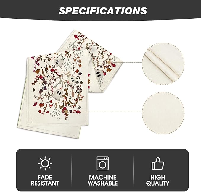 Artoid Mode Ghost Flowers Leaves 210 GSM Halloween Table Runner,Seasonal Fall Kitchen Dining Table Decoration for Home Party Decor 13x108 Inch
