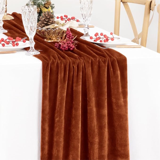 MLMC 2 Pack Terracotta Fall Thanksgiving Table Runner 10ft Luxury Burnt Orange Velvet Table Runner Fall Table Centerpiece 20x120 Inches for Wedding Bridal Shower Birthday Party Home Decor