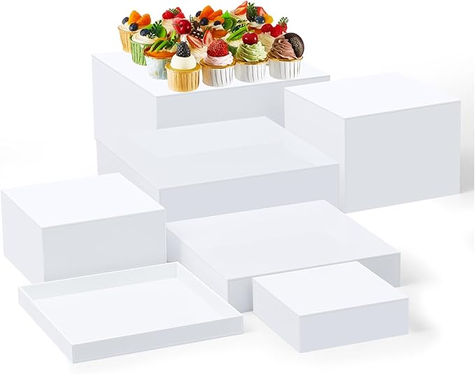 Leinuosen 7 Pcs Large Buffet Risers Set 6" to 12" Acrylic Display Box Catering Dessert Table Riser Food Display Decorative Stand with Hollow Bottom for Catering Supplies(White, Square)