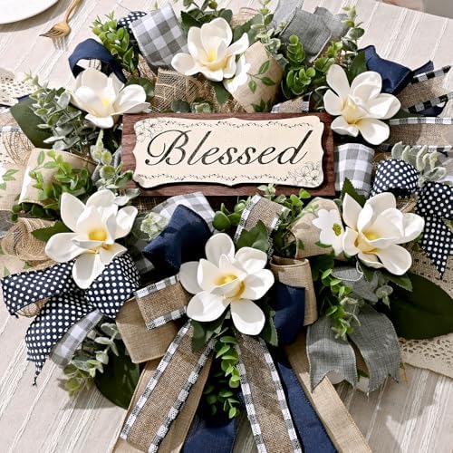 waipfaru wreaths for front door, 22 inch magnolia showing dimensions