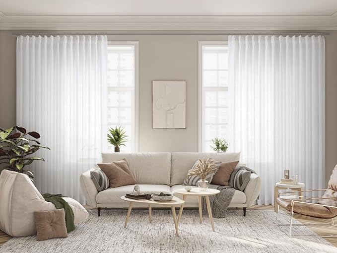 Vision Home White Pinch Pleated Semi Sheer Curtains Textured Light Filtering Window Curtains 120 inch for Living Room Bedroom Patio Rayon Blended Pinch Pleat Drapes with Hooks 1 Panel 10ft 80"Wx120"L