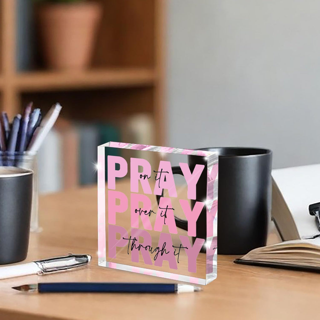 Pink Inspirational Decor Pray Over It Bible Verse Wall Art Christian Gifts for Women, 4x 4 Inches Office Desk Accessories Decor Sign, Pink Dorm Room Decoration for Women - Pray on it Pray through it