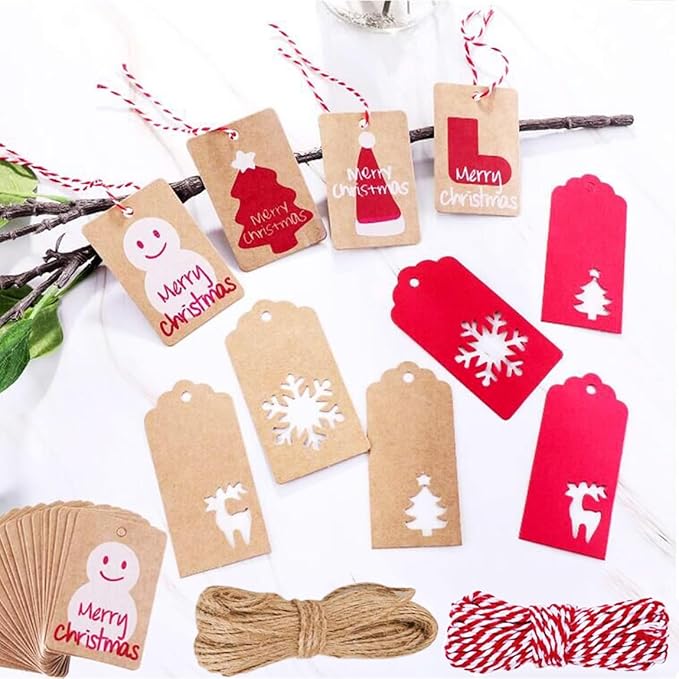 100 Pack Kraft Paper Christmas Gift Tags， Xmas Kraft Gift Tags with Jute Twine Baker Twine for DIY Xmas Holiday Present Wrap Stamp and Label Package Name Card