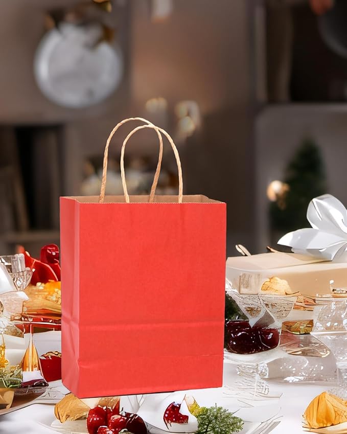 qiqee 50-Packs Gift Bag with Handles Bulk Kraft Red Paper Bags Multiple Uses (8.3"x3"x6"inch Small Size)