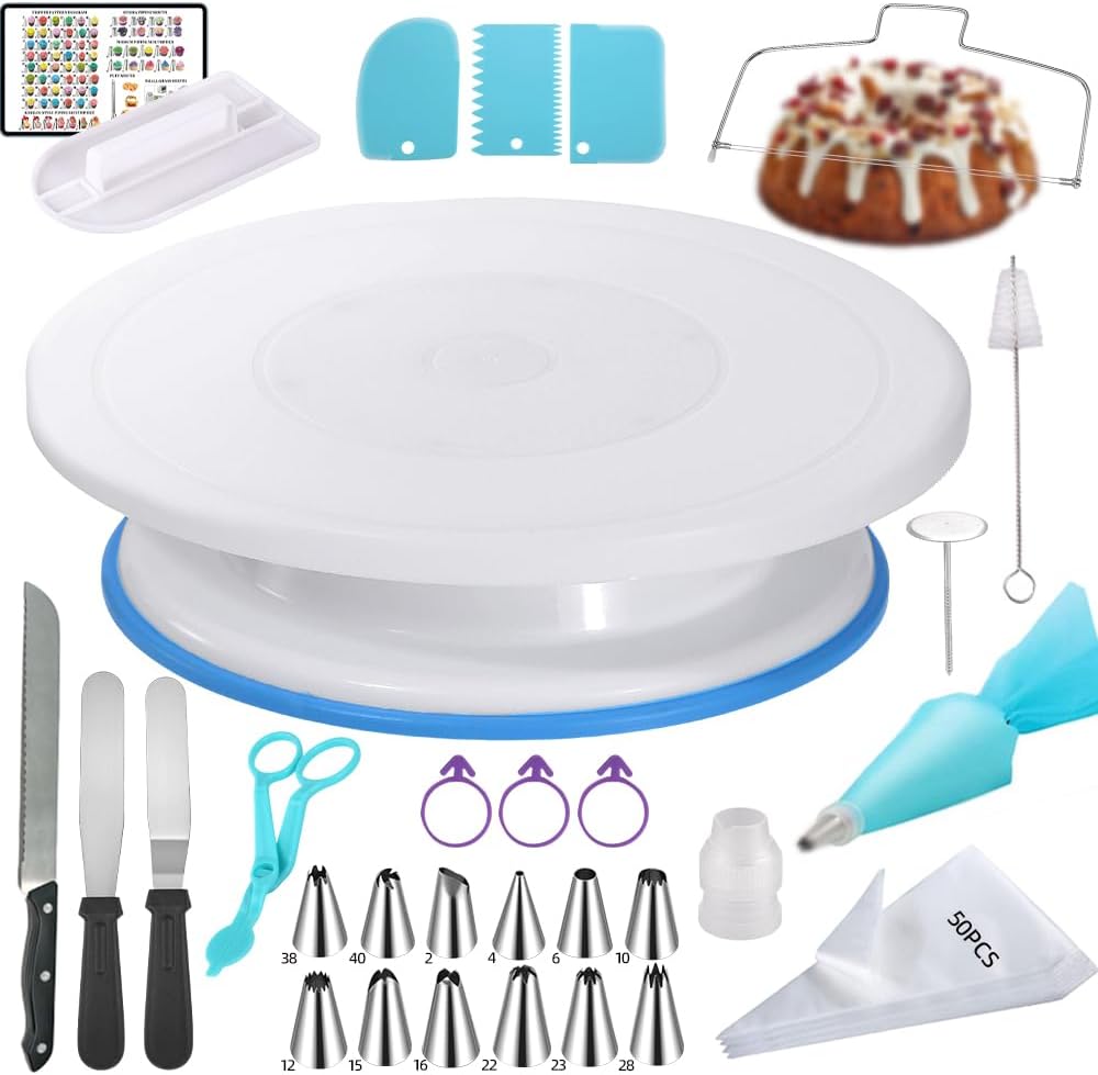 79PCS Cake Decorating Kit with Revolving Cake stand Turntable for Beginner | Includes Piping Tips and Bags Set,Spatulas,Icing Comb Scraper,Leveler,Cake Tool Baking Supplies