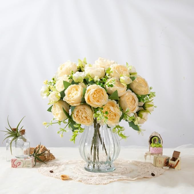 Artificial Peonies Silk Flowers in Glass Vase Faux Flowers Bouquets Modern Penoy Arrangement 4 Pack for Home Decoration Table Centerpiece (Champagne)