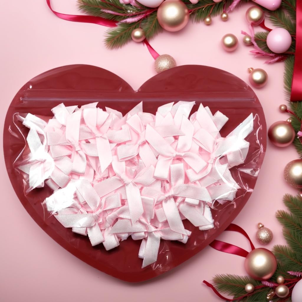 60pcs 1.7" Mini Pink Ribbon Bows Decor – Small DIY Satin Bows for Crafts, Little Bows for Gift Wrapping, Tiny Bow Stickers for Scrapbook Treats Balloon Cake Hairstyle Candle Decorations