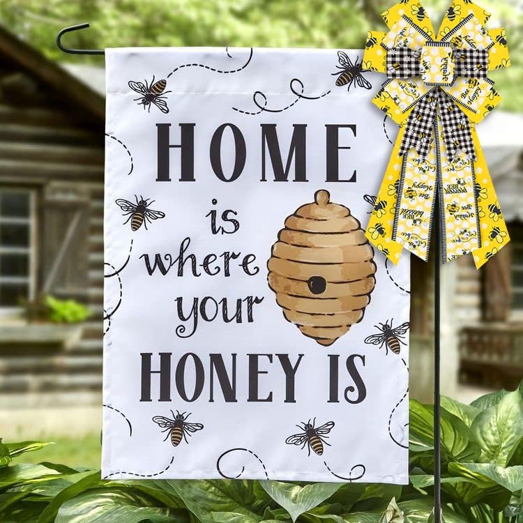 Estivaux Large Bumble Bee Bows for Wreath, Happy Bee Wreath Bows Yellow Burlap Bows White Black Buffalo Plaid Bows Spring Holiday Tree Topper Bows for Front Door Spring Birthday Farmhouse Decorations
