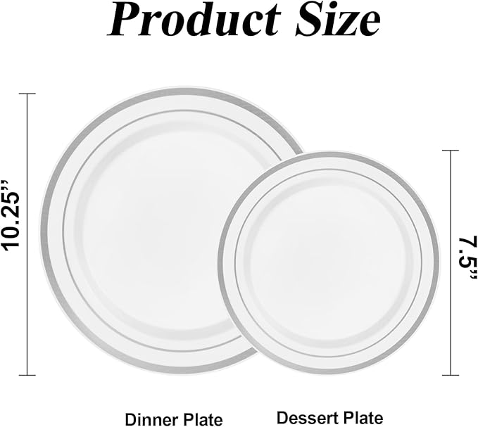 100PCS Silver Plastic Plates Set, 50 10.25 inch Dinner Plate and 50 7.5 inch Dessert Plates, Premium Disposable Plates for Party, Wedding