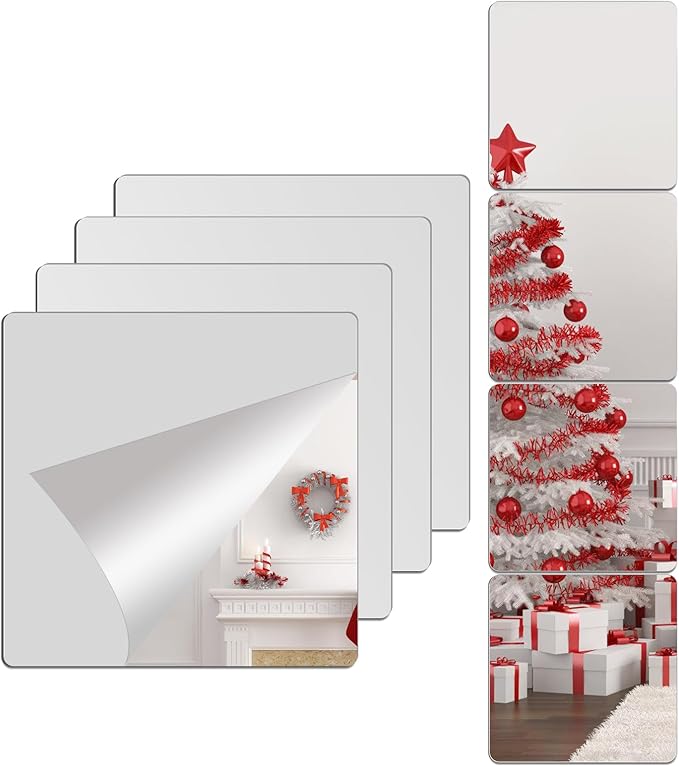 Unbreakable Acylic Small Mirror Tiles for Kids, (4-Pcs 10x10 Inch) Plastic Mirrors for Wall, Stick on Mirrors for Wall Decor, Shatterproof Mirror for Kids Bedroom