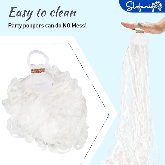 No Mess Streamers 100pack, White Confetti Poppers,Hand Throw Party Poppers No Mess for Birthday, Graduation, Wedding Send Off, Engagement Party Favors（White 100Pack）