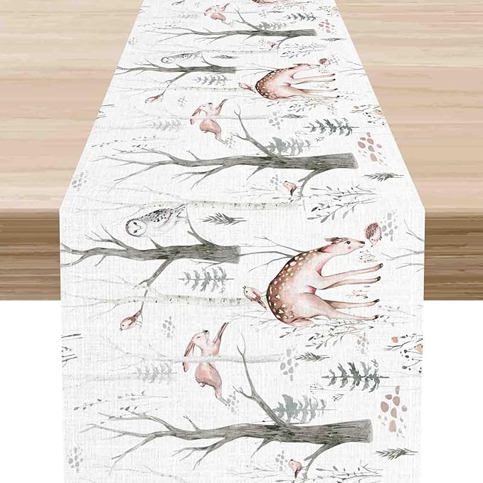 Rustic Forest Table Runner, Farmhouse Wild Woodland Animals Country Fox Rabbits Mushroom Botanical Green Table Center Decor for Home Kitchen Dining Patio Holiday Party, 13"x108" Inch