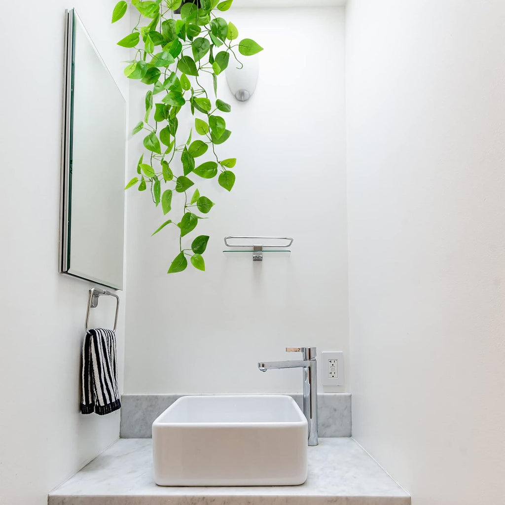 LOYWREE Small Fake Hanging Plant Artificial Potted Plants for Indoor Outdoor Aesthetic - 39in Realistic Faux Hanging Pothos with Ivy Vine for Shelf Decor in Home Office Gardens Greenery (Black Pot)