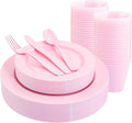 KIRE 150 Pieces Pink Plastic Plates Disposable - Pink Dinnerware Set Include 25 Dinner & 25 Salad Plates 25Forks 25Knives 25Spoons 25 Cups for Baby Shower/Bridal Shower